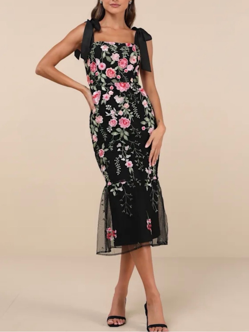 Lulus Stunning Inclination Black Floral Embroidered Midi Dress NWT M